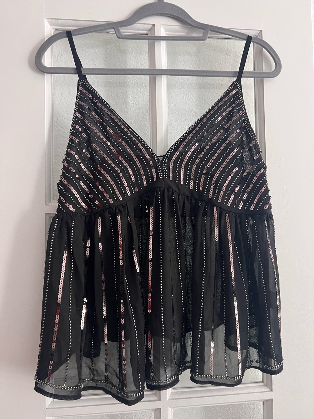 Fairy Sequin Trim Black Spaghetti-Strap Women's Top